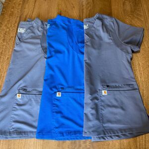 Women’s Carhartt Force Cross-Flex Flex Panel V-Neck Scrub Tops 1 Blue, 2 Grays